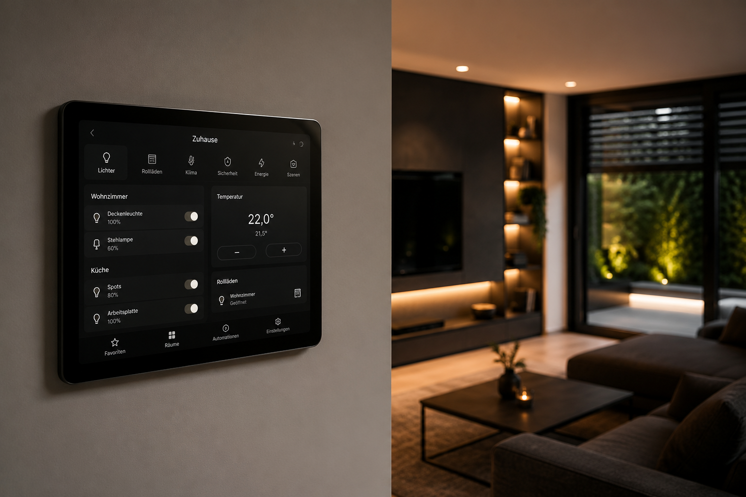 Smart-Home-Display zur Steuerung von Licht, Temperatur und weiteren Funktionen